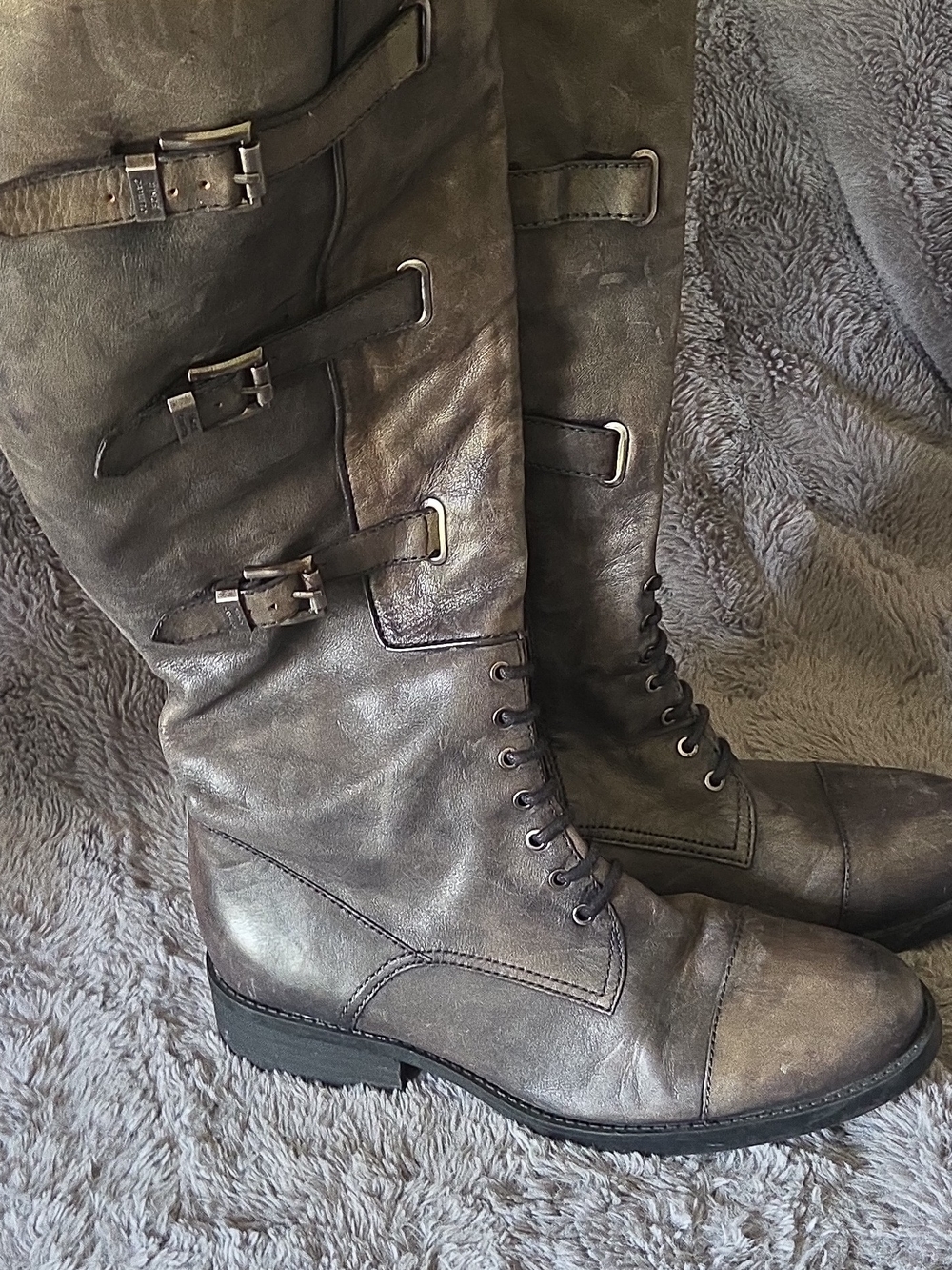 Vince Camuto Distressed Gray Lace-Up Leather Buckle Knee Boots